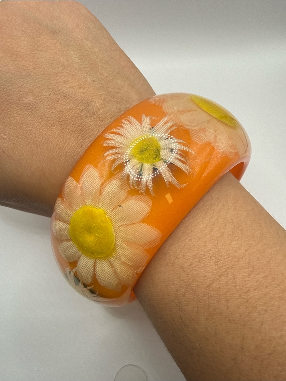 Orange Floral Chunky Wide Bangle Bracelet Retro Style